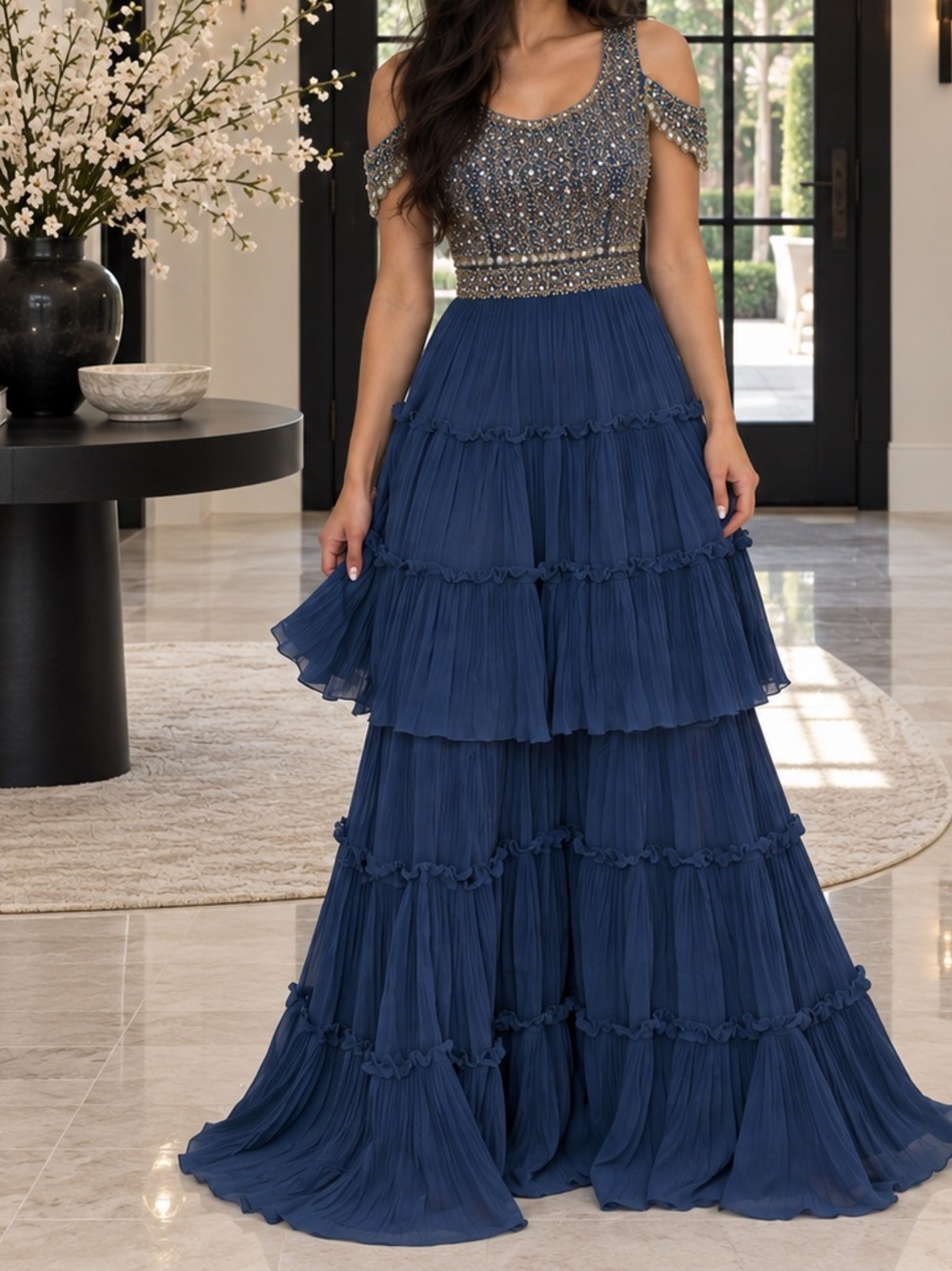 Blue mirror Sharara 3 piece set dupatta